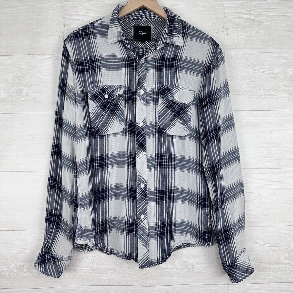 RAILS Flannel Shirt Men M Lennox Plaid Navy White Long Sleeve Button Up Collared